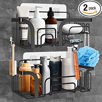 Photo 1 of Adhesive Shower Caddy -2 Pack, Shower Organizer Shower Shelves with 18 Hooks and Soap Dish, Rustproof 304 Stainless Steel Shower Shelf Shower Shelf for Inside Shower, No Drilling for Bathroom, Kitchen
