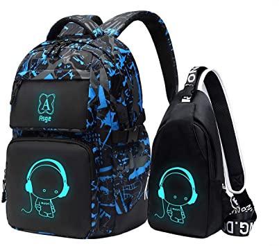 Photo 1 of Asge Backpacks for Boys School Bags for Kids Luminous Bookbag and Sling Bag Set Blue