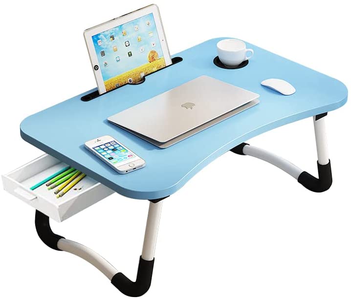 Photo 1 of Lap Desk with Storage Drawer, Cup and Phone Holder, Laptop Bed Tray Table, 23.6" Foldable Laptop Desk, Laptop Stand for Working, Writing, Gaming and Drawing (23", Blue)