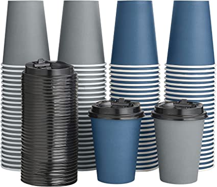 Photo 1 of 100 Pack 12 oz Paper Coffee Cups, Disposable Coffee Cups with Lids, Drinking Cups for Cold/Hot Coffee, Water, Juice, or Tea. Hot Paper Coffee Cups for Home, Restaurant, Store and Cafe.(Blue and Gray)