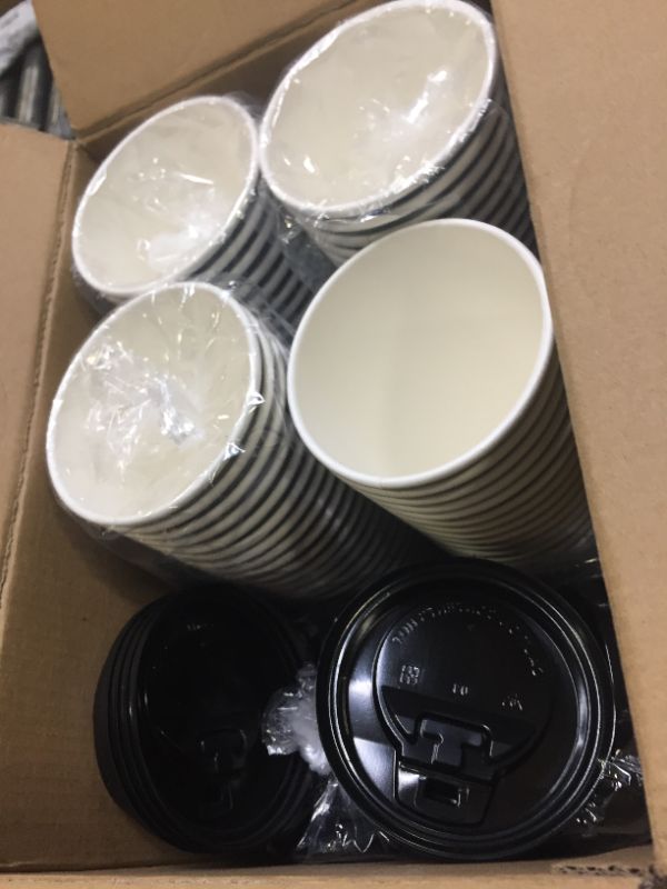 Photo 2 of 100 Pack 12 oz Paper Coffee Cups, Disposable Coffee Cups with Lids, Drinking Cups for Cold/Hot Coffee, Water, Juice, or Tea. Hot Paper Coffee Cups for Home, Restaurant, Store and Cafe.(Blue and Gray)