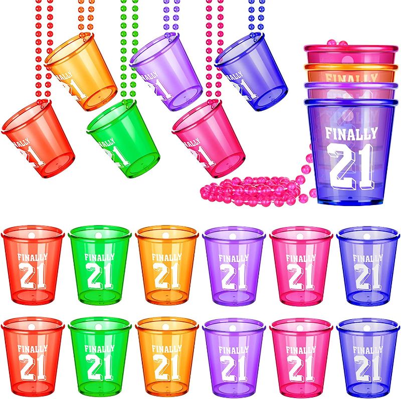 Photo 1 of 12 Pack Birthday Shot Glass Necklace Finally 21st Shot Glass on Beaded Necklace Number 21 Legal Plastic Shot Glasses Necklace for Party Supplies decorations...
