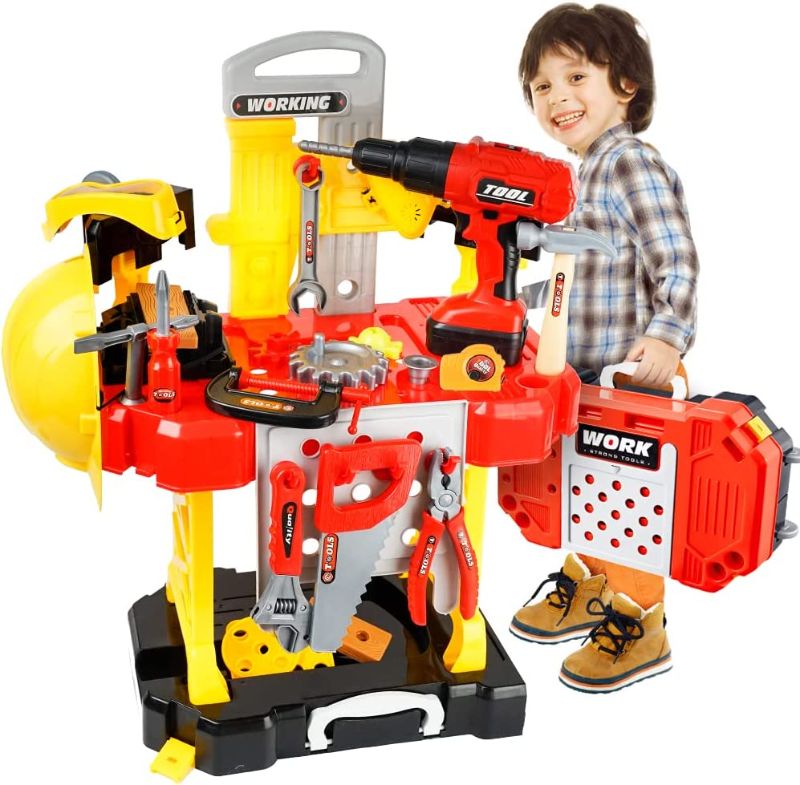 Photo 1 of Kids Workbench - Toy Choi's Kid Toy Workbench, 83 Pieces Construction Kids Tool Set Playset, Toddler Tool Bench with Shelf Storage Box Drill,