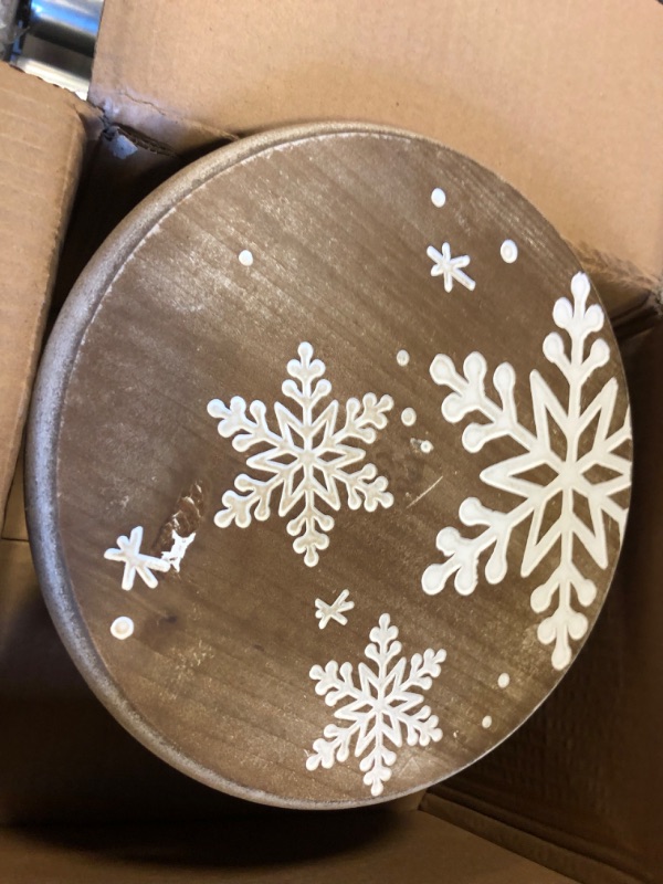 Photo 2 of 10-inch Round Wooden Cake Stand with Rustic Solid Wood and Black Pedestal Base with Hand-Carved Snowflake Design, Cupcake Holder for Christmas Party Dessert Table Centerpiece 10 inch