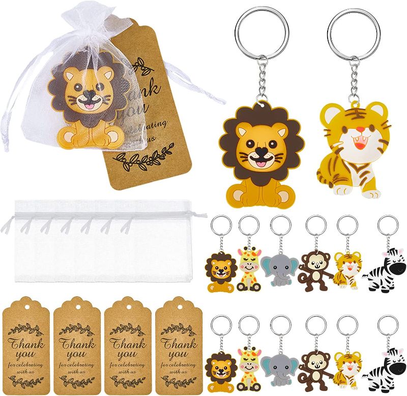 Photo 1 of 54 Pieces Cute Jungle Animal Keychains Safari Baby Shower Decorations Zoo Animals Decoration with Thanks Tags and Organza Bags for Boy Girl Birthday Favor(54 Pieces)
