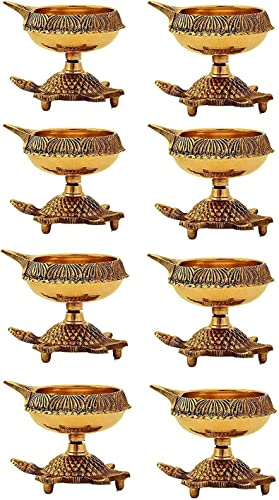 Photo 1 of 10 Pc Big Size Heavy Brass Kuber Turtle Diya for Diwali Decoration Handmade Oil Lamp with Golden Engraved Virgin Brass Metal Diwali Diya Vilakku for Puja Pooja Indian Deepawali Gift Items
