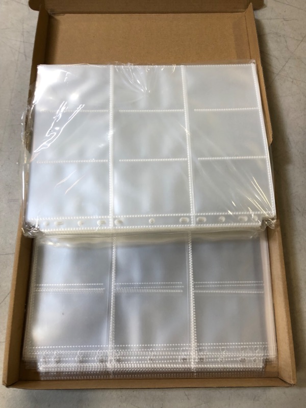 Photo 1 of HERKKA Trading Card Sleeve Pages, 100 Pack 9 Pocket Trading Card Storage Album Pages 11 Holes Fit 3 Ring Binder