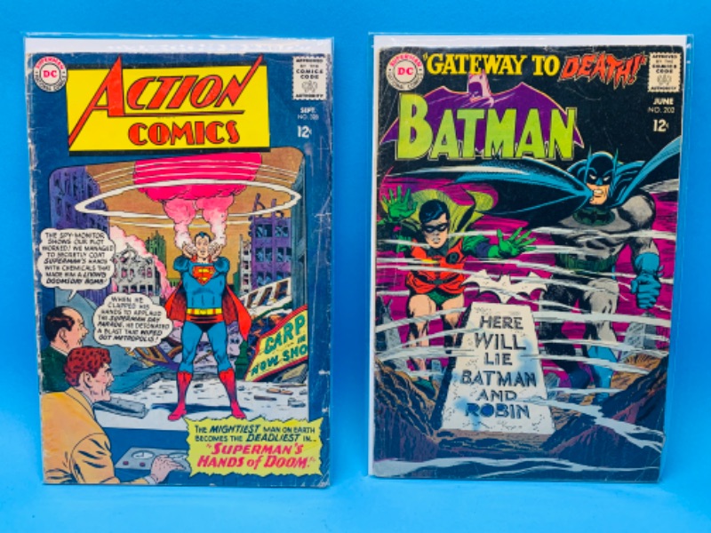 Photo 1 of 015067…condition issues- vintage $.12 Batman and action comics in plastic sleeves 