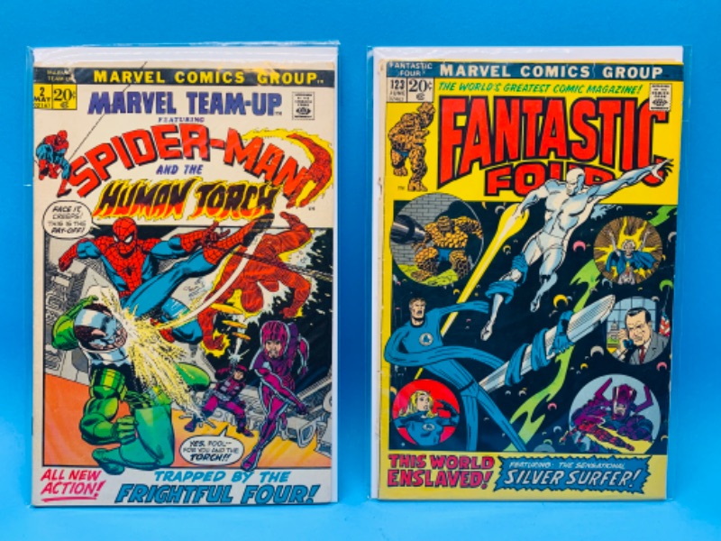 Photo 1 of 015079…vintage $.20 Spider-Man and fantastic four comics in plastic sleeves- shows wear from age 