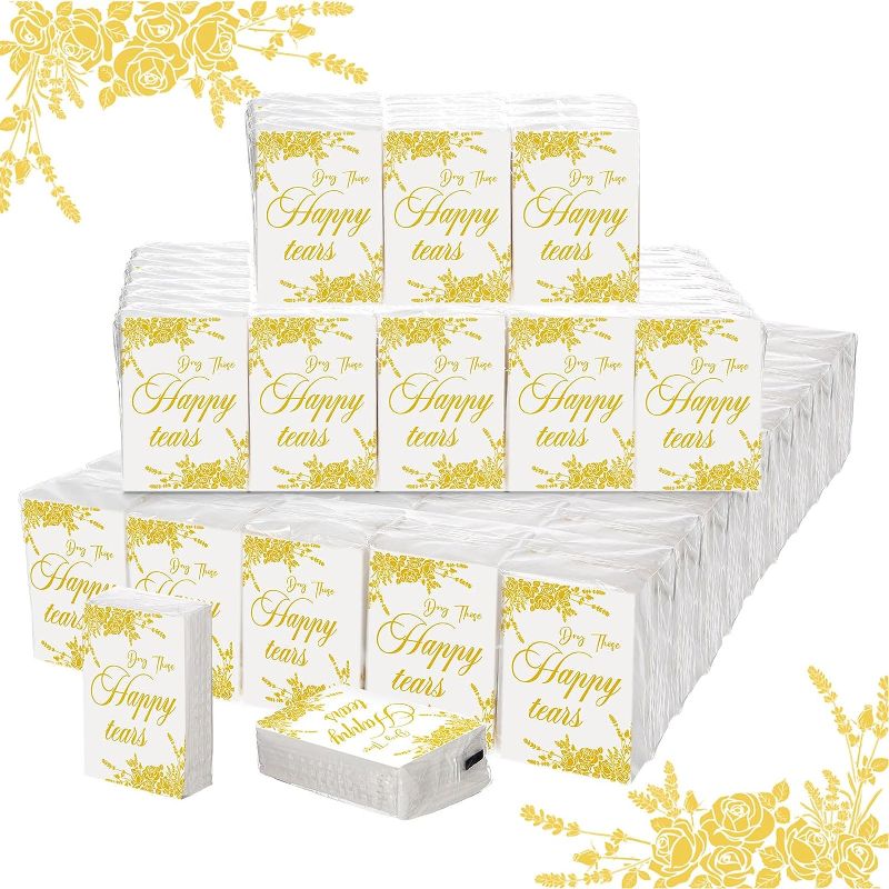 Photo 1 of 120 Pack Wedding Facial Tissues Packs Dry Those Happy Tears Pocket Tissues Wedding Favors Travel Tissues Wedding Party Favors for Guests, 10 Sheets Each Pack, 2.9 x 2 Inch
