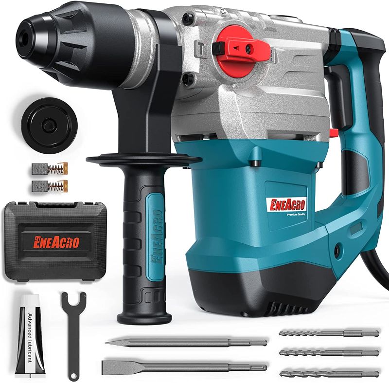 Photo 1 of ENEACRO 1-1/4 Inch SDS-Plus 13 Amp Heavy Duty Rotary Hammer Drill, Safety Clutch 4 Functions with Vibration Control Including Grease, Chisels and Drill Bits with Case
