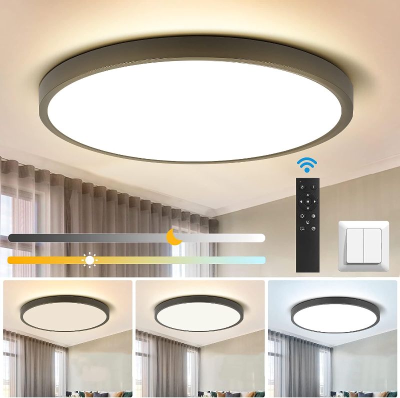 Photo 1 of 3 Color Dimmable Flush Mount LED Ceiling Light with Remote, 12Inch 24W Black Ceiling Light Fixture for Bedroom Kitchen Hallway, Modern Round light Fixtures for Ceiling, Ceiling Lamp with Night Light
