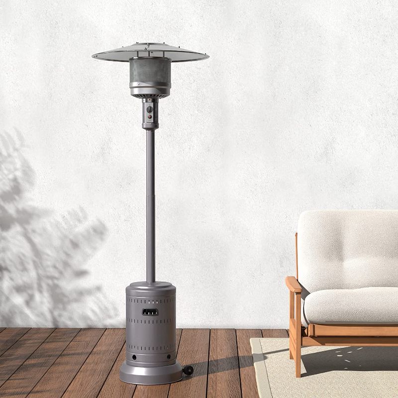 Photo 1 of Amazon Basics 46,000 BTU Outdoor Propane Patio Heater with Wheels, Commercial & Residential - Slate Gray
