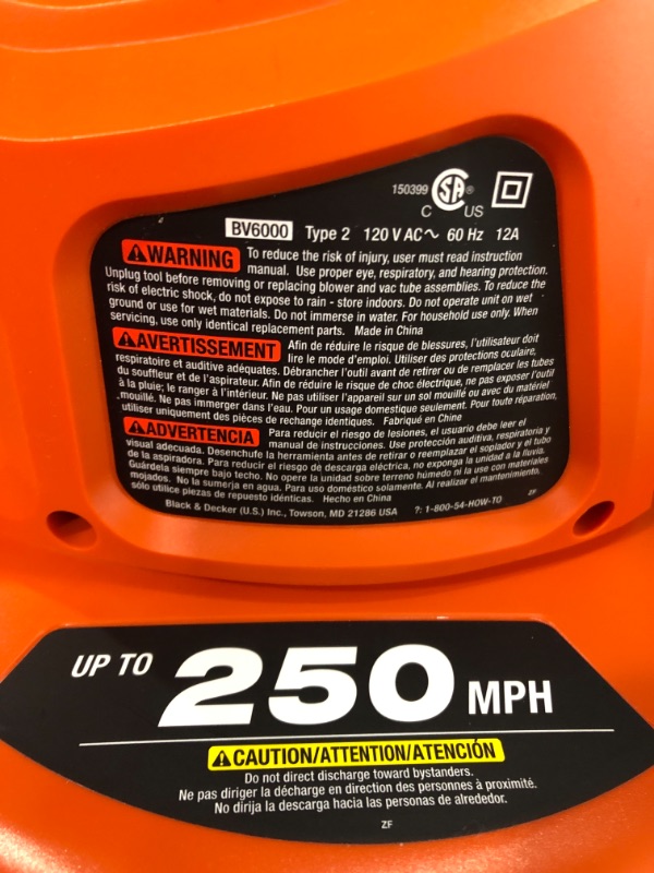 Photo 3 of *** NEW- UNABLE TO TEST *** BLACK+DECKER Leaf Blower & Leaf Vacuum, 3-in-1, 12-Amp, 250-MPH, 400-CFM (BV6000)