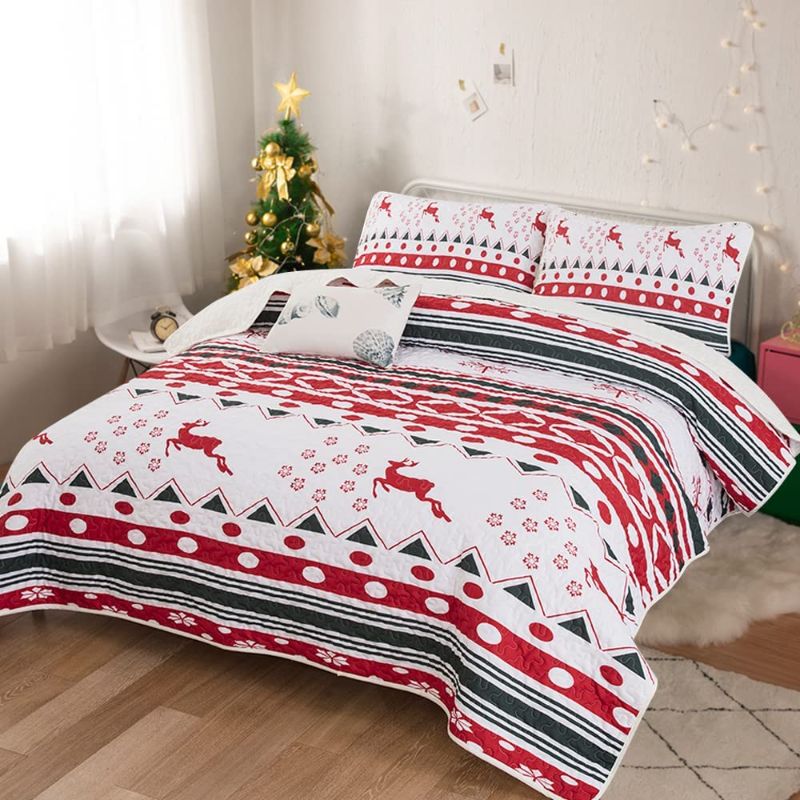 Photo 1 of ** STOCK PICTURE ONLY USED FOR REFRENCE*** Christmas Quilt Set Queen,Christmas Deer Santa Rudolph Reindeer Printed Bedspread with 2 Pillowcases,Christmas Snowflake Bedding Soft Microfiber Coverlet for All Seasons Queen 90"×90"
