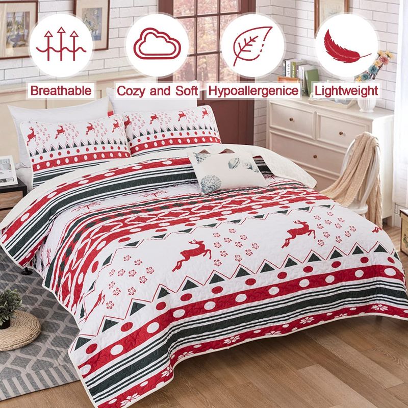 Photo 1 of *** STOCK PICTURE ONLY USED FOR REFRENCE*** Christmas Quilt Set Queen,Christmas Deer Santa Rudolph Reindeer Printed Bedspread with 2 Pillowcases,Christmas Snowflake Bedding Soft Microfiber Coverlet for All Seasons Queen 90"×90"
