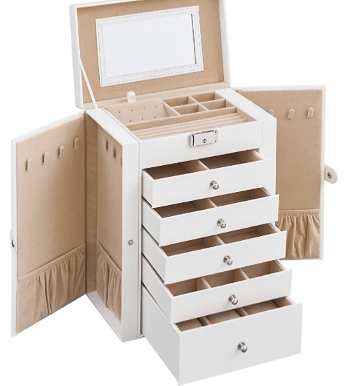 Photo 1 of 
SONGMICS 6 Tier Jewelry Box, Jewelry Case with 5 Drawers, Large Storage Capacity, with Mirror, Lockable, Jewelry Storage Organizer, Gift for Loved Ones, For Watches, White UJBC152W01