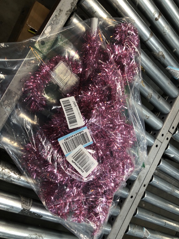 Photo 1 of Juegoal 4 FT Pre-lit Artificial Christmas Tree, Lighted Pink Tinsel Pencil Pine Spruce Trees with 70 Warm White LED Lights, 8 Lighting Mode & Timer Function for Xmas Holiday Winter Home Party Decor