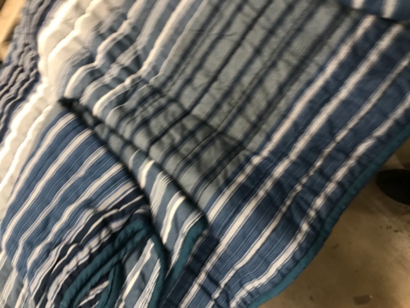 Photo 2 of 104in x 96in blue striped bed set 