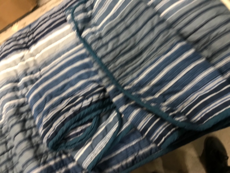 Photo 1 of 104in x 96in blue striped bed set 