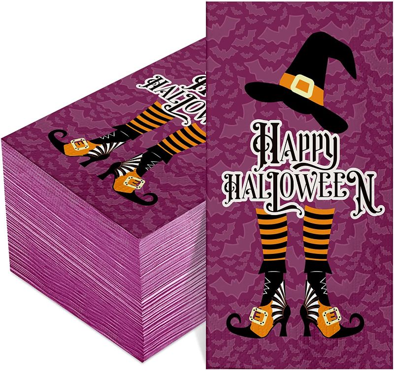 Photo 1 of 100 Pieces Halloween Napkins 3 Ply Happy Halloween Guest Napkins Wicked Witch Hat Leg Boot Dinner Napkins Halloween Disposable Hand Towels for Halloween Trick or Treat Dinner Party Supplies
