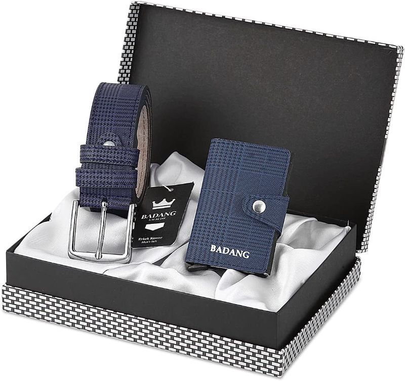 Photo 1 of BADANG Badang Plaid Mechanism Wallet, Belt, Credit Card Holder Gift Accessory Fashion Set, Card Holder and Belt Set (maximum additional 5 cards) (Set of 2) (120cm belt) (Blue), standart
