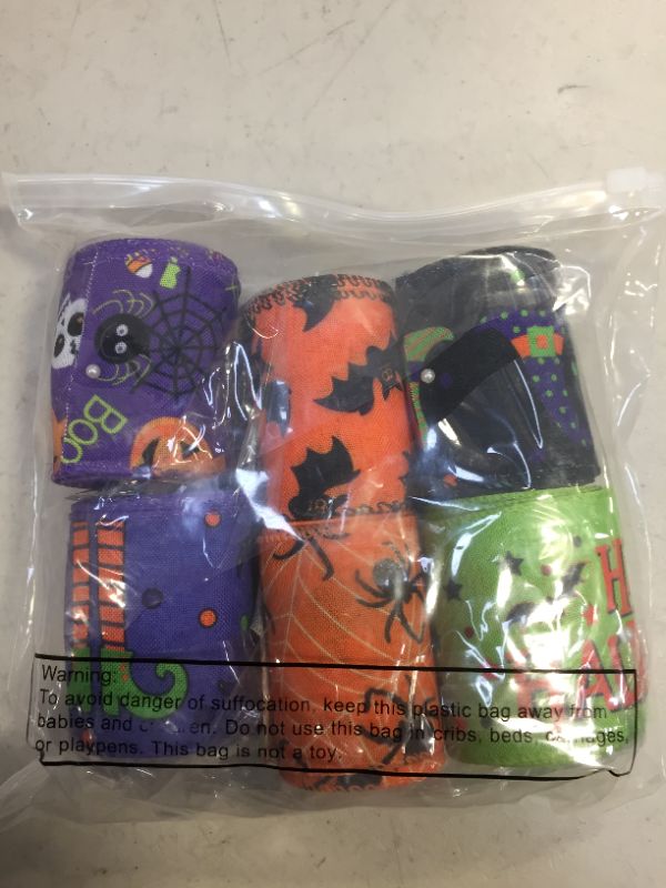 Photo 2 of 6 Rolls Halloween Wired Edge Ribbon for Wreaths 2.5 Inch x 30 Yards Bat Spider Web Pumpkin Print Grosgrain Ribbon Ghost Witch Hat and Leg Ribbon Halloween Party Decorative Ribbon Supplies, 6 Styles
