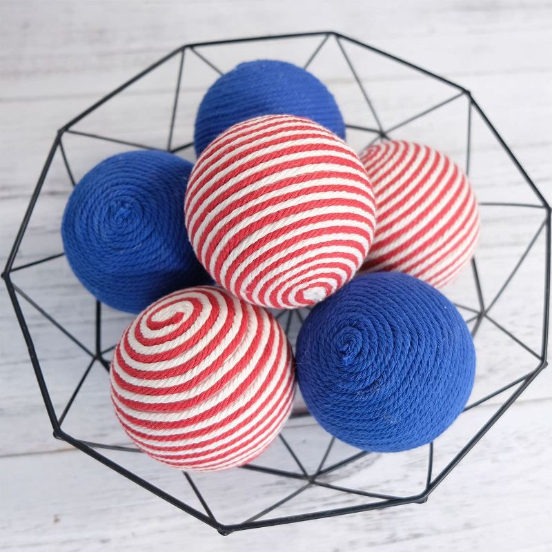 Photo 1 of 6Pcs 3.5inch Red White Blue Decorative Balls Rope Balls American Flag Day American National Day 4th of July Decorations Patriotic Decor Ball for Vase Bowl Filler Balls Spheres Orbs Fillers (rope ball)

