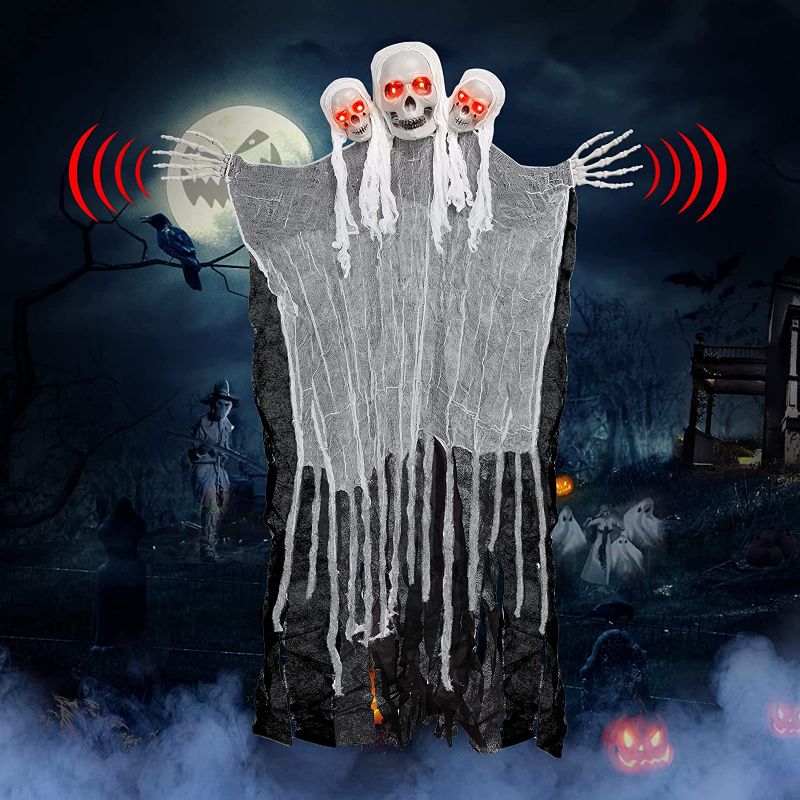 Photo 1 of 50” Halloween Hanging Grim Reaper Decorations Talking Three Heads Ghost Decoration Flash Light up Red Eyes Sound Activated Function for Halloween Outdoor Indoor Haunted House Yard Decor
