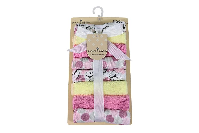 Photo 1 of Buttons and Stitches Cudlie Buttons and Stitches Baby Girl 8 Pack Rolled Washcloths On Card in Butterfly Polka Print
