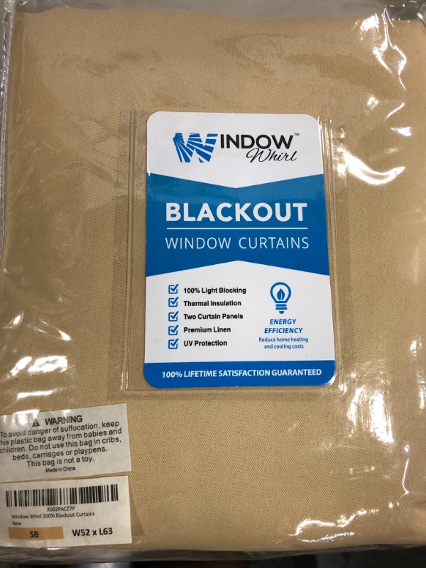 Photo 2 of 100% Blackout Window Curtains: Room Darkening Thermal Window Treatment with Light Blocking Black Liner for Bedroom, Nursery and Day Sleep - 2 Pack of Drapes, Sandstone (63” Drop x 52” Wide Each)
