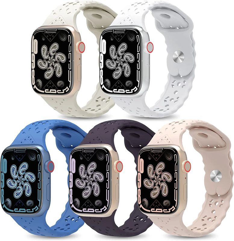 Photo 1 of 5 Pack Lace Silicone Bands Compatible with Apple Watch Band 38mm 40mm 41mm 42mm 44mm 45mm, Soft Hollowed-out Paisley Sport Strap Women Replacement Wristbands for iWatch Series 8 7 6 5 4 3 2 1 SE
