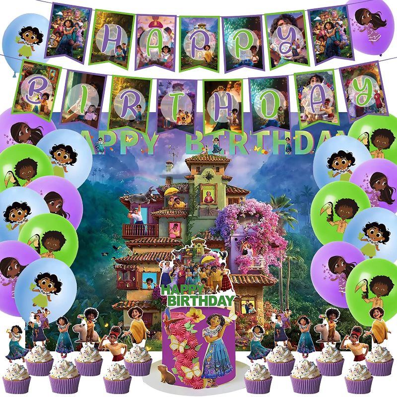Photo 1 of Encanto Birthday Party Supplies Party Decorations, 45PC Encanto Party Supplies Include 1 Photography Backdrop 18 Party Balloons 1 Happy Birthday Banner 1 Birthday Cake Topper 24 Cupcake Topper

