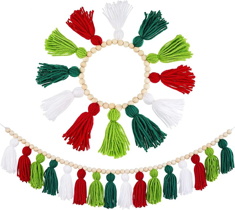 Photo 1 of 2 Pieces Wood Bead Tassel Garland Tassel Garland Tassel Banner Pre-Assembled Wall Hanging Beaded Garland with Tassel Decoration for Fall Winter Home, Girls...-- 16 inches 
