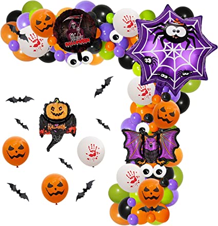 Photo 1 of 143Pcs Balloons Arch Kit Include Spider web foil balloons 3D Bat Sticker Black Orange purple green Balloons for Halloween Theme Party Background Classroom Decorationsm Balloon Eye Decoration
