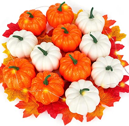 Photo 1 of DomeStar 42 PCS Artificial Pumpkins Sets, 12PCS Fake Pumpkins with 30PCS Maple Leaves 1PC String Lights Fall Harvest Pumpkins for Crafts Halloween Thanksgiving Decorations
