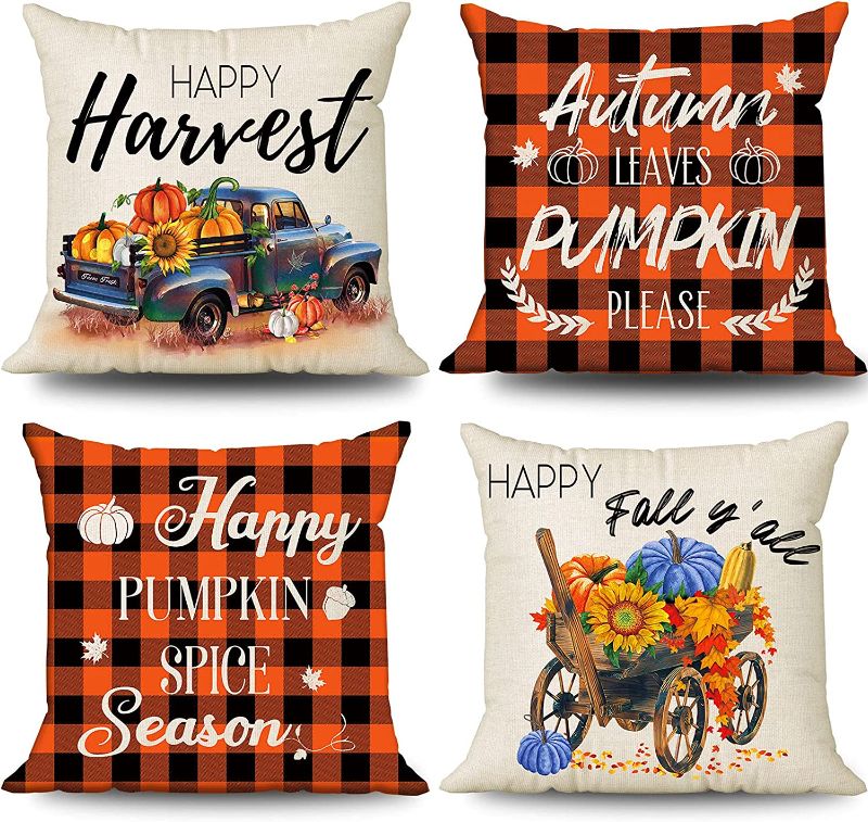 Photo 1 of 4 Pcs Buffalo Plaid Pillow Covers 18x18, Linen Sunflower Pumpkin Farm Fresh Farmhouse Throw Pillow Covers, Happy Harvest Cushion Cases for Sofa Couch Indoor Outdoor Home Decorations
