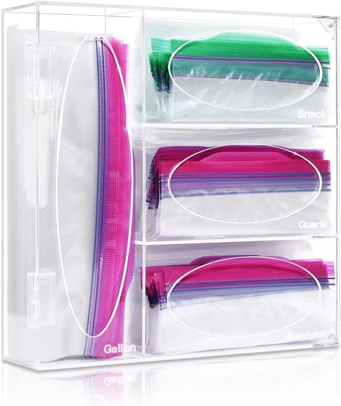 Photo 1 of  Ziplock Bag Storage Organizer,Acrylic Baggie Organizer Bag Food Plastic Bag Dispenser Holder Kitchen Drawer and Pantry Compatible with Ziploc for Gallon Quart Sandwich And Snack
