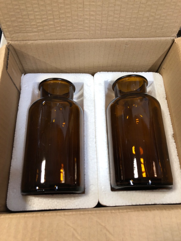 Photo 1 of 2 Pieces Amber Glass Vases. 6.3x3.2 in Apothecary Jars. Decorative Bottles