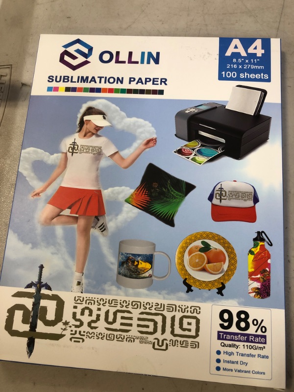 Photo 2 of OLLIN A4 Sublimation Paper 100 Sheets, 8.5" x 11" Size For EPSON CANON HP All Inkjet Printer With Sublimation Ink For Heat Transfer to T-Shirts and Ceramic Mugs