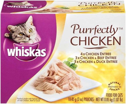 Photo 1 of  WHISKAS PURRFECTLY Chicken Variety Pack Wet Cat Food, 3 Oz.
4 PACKS OF 10
BB 11/04/2022