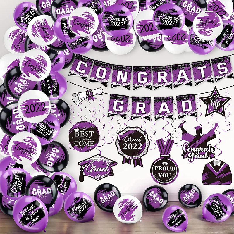 Photo 1 of 41 Pieces 2022 Graduation Party Decorations Congrats Grad Banner Class of 2022 Party Supplies Graduation Party Hanging Swirls Balloons for Grad Party Decoration Supplies (Purple and Black)
