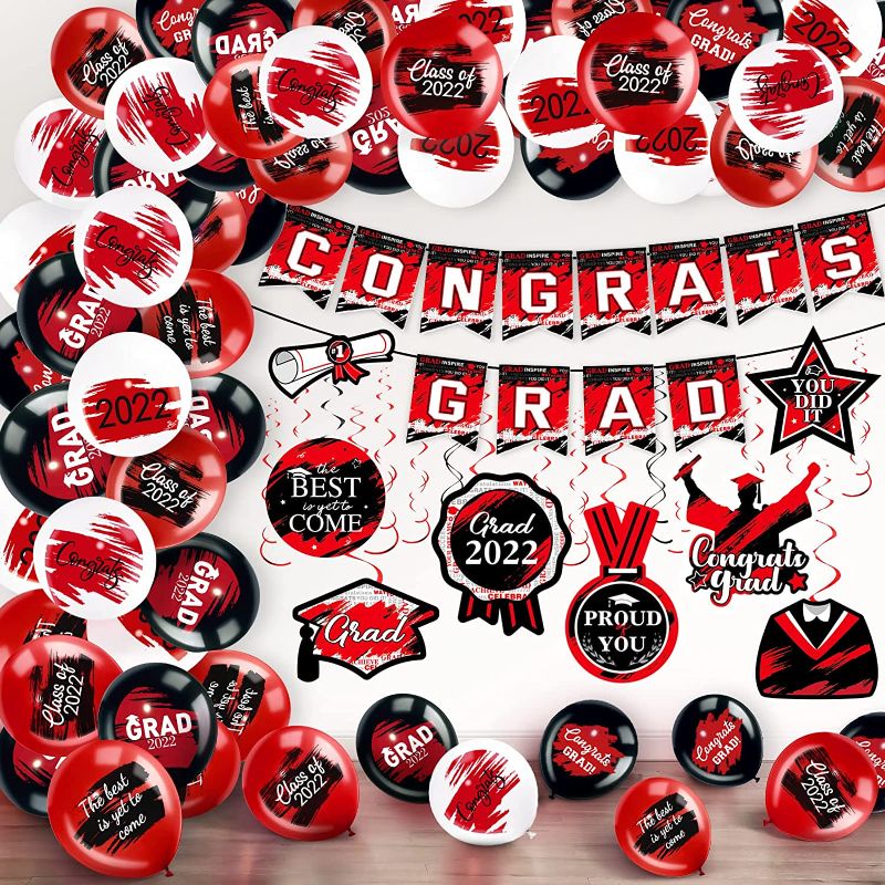 Photo 1 of 41 Pieces 2022 Graduation Party Decorations Congrats Grad Banner Class of 2022 Party Supplies Graduation Party Hanging Swirls Balloons for Grad Party Decoration Supplies (Red and Black)
