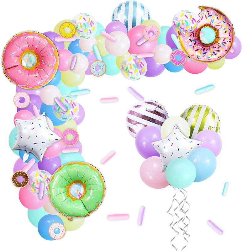 Photo 1 of Donut Party Balloons 108 Pack Party decorations Garland Banner Confetti Balloons Donut Cutouts Backdrop Decor for Kids Birthday Party Supplies Baby Shower
