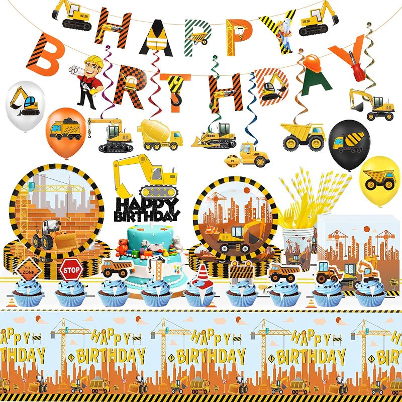 Photo 1 of Construction Birthday Party Supplies Set, Plates, Napkins, Knives, Cups, Straws, Spoons, Forks, Table Cloth, 12 inch Balloons, Happy Birthday Banner for Construction Themed Party Supplies Decorations (yellow)
