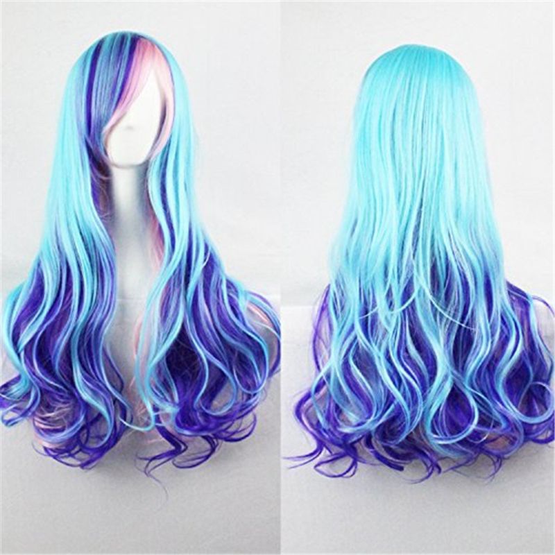 Photo 1 of Bopocoko Blue Wigs for Women Long Blue Hair Wig with Bangs Colored Curly Wavy Wigs for Party with Wig Net (Blue Mixed Pink) BU040
