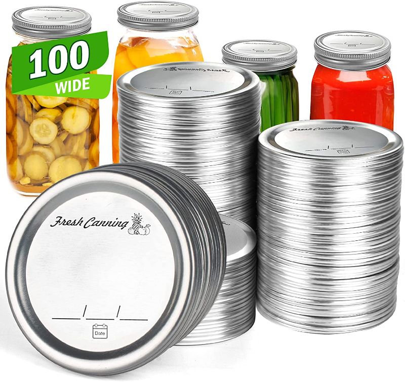 Photo 1 of 100 Count Wide Mouth Canning Lids - Mason Canning Jar Lids for Ball,Kerr - Split-Type Metal Jar Lids Leak Proof - Food Grade Material - PATENT PENDING 100% Fit for Wide Mouth
