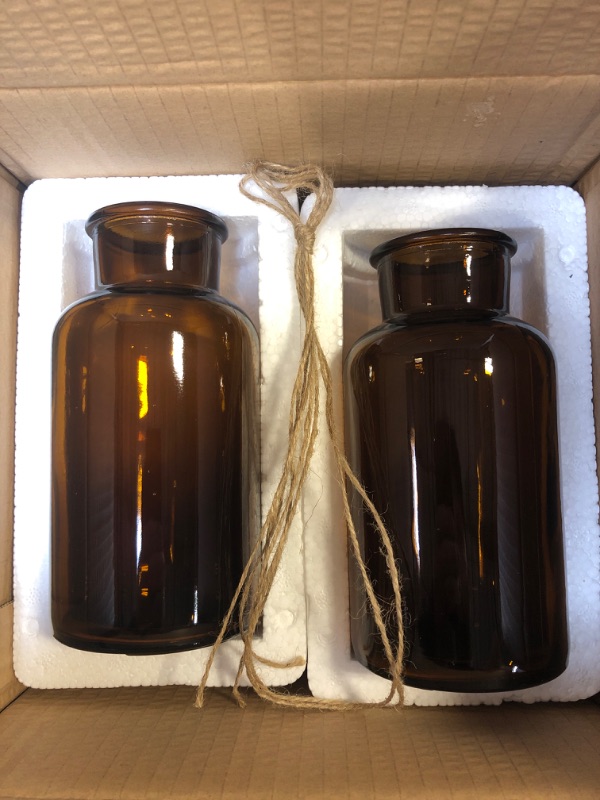 Photo 2 of 2 Pieces Amber Glass Vases. 6.3x3.2 in Apothecary Jars. Decorative Bottles, 5 M for Flower, Vintage Medicine Bottles: Decor Centerpiece, Wedding, Bridal Shower. (Amber 5M)