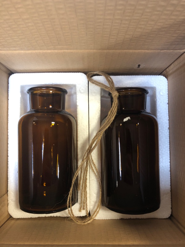 Photo 2 of 2 Pieces Amber Glass Vases. 6.3x3.2 in Apothecary Jars. Decorative Bottles, 5 M for Flower, Vintage Medicine Bottles: Decor Centerpiece, Wedding, Bridal Shower. (Amber 5M)
