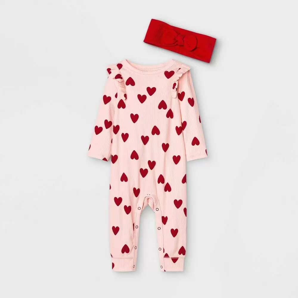 Photo 1 of Baby Girls' Heart Rib Romper with Headband - Cat & Jack Pink 6-9M
